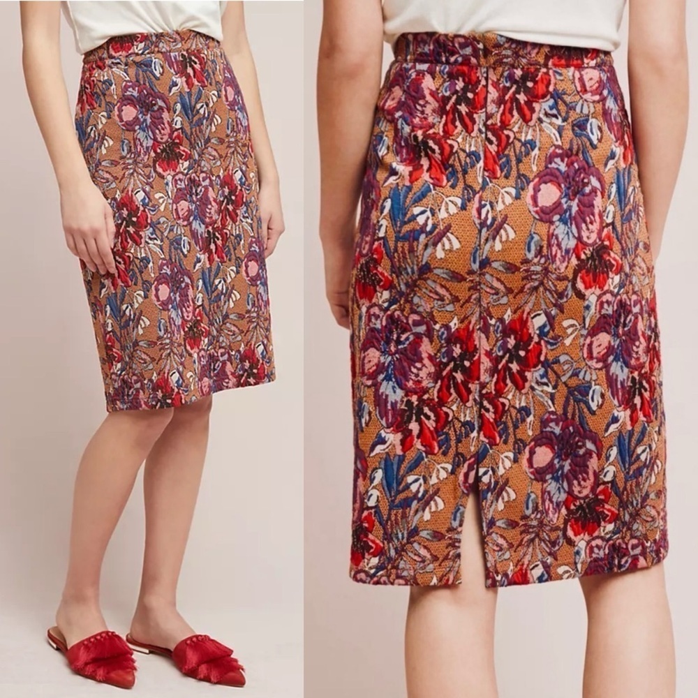 ANTHROPOLOGIE MAEVE Golden Bliss Boho Floral Jaquard Office Career Pencil Skirt
